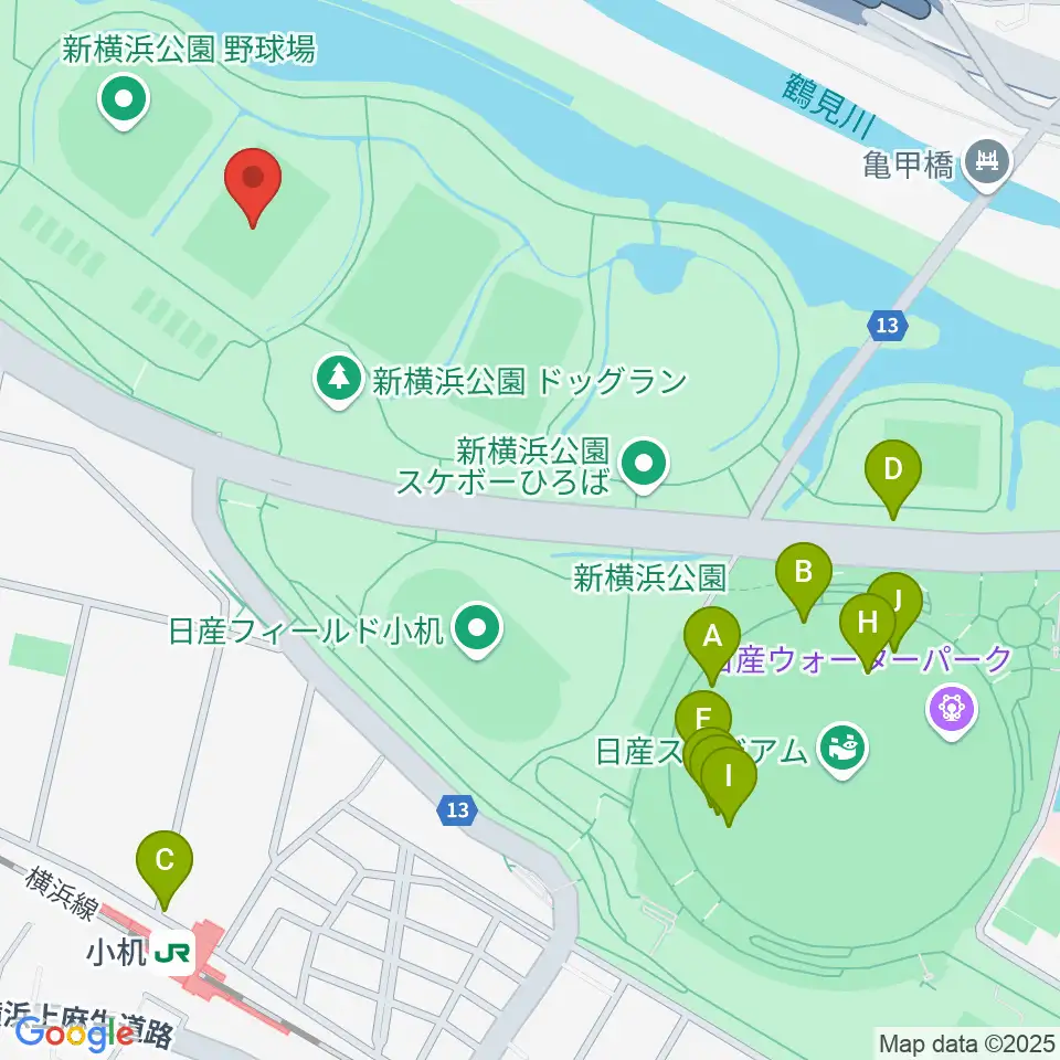 新横浜公園第1運動広場周辺のファミレス・ファーストフード一覧地図