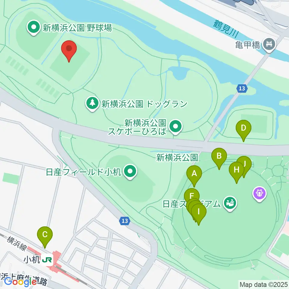  新横浜公園第1運動広場周辺のファミレス・ファーストフード一覧地図