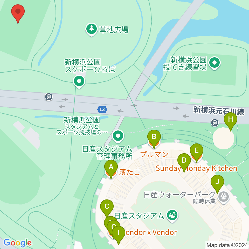 新横浜公園球技場周辺のファミレス・ファーストフード一覧地図