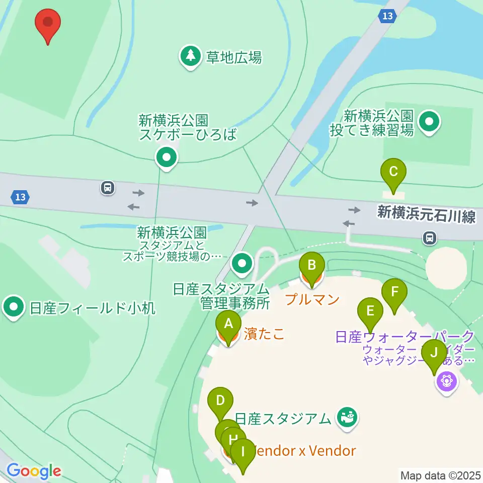 新横浜公園球技場周辺のファミレス・ファーストフード一覧地図
