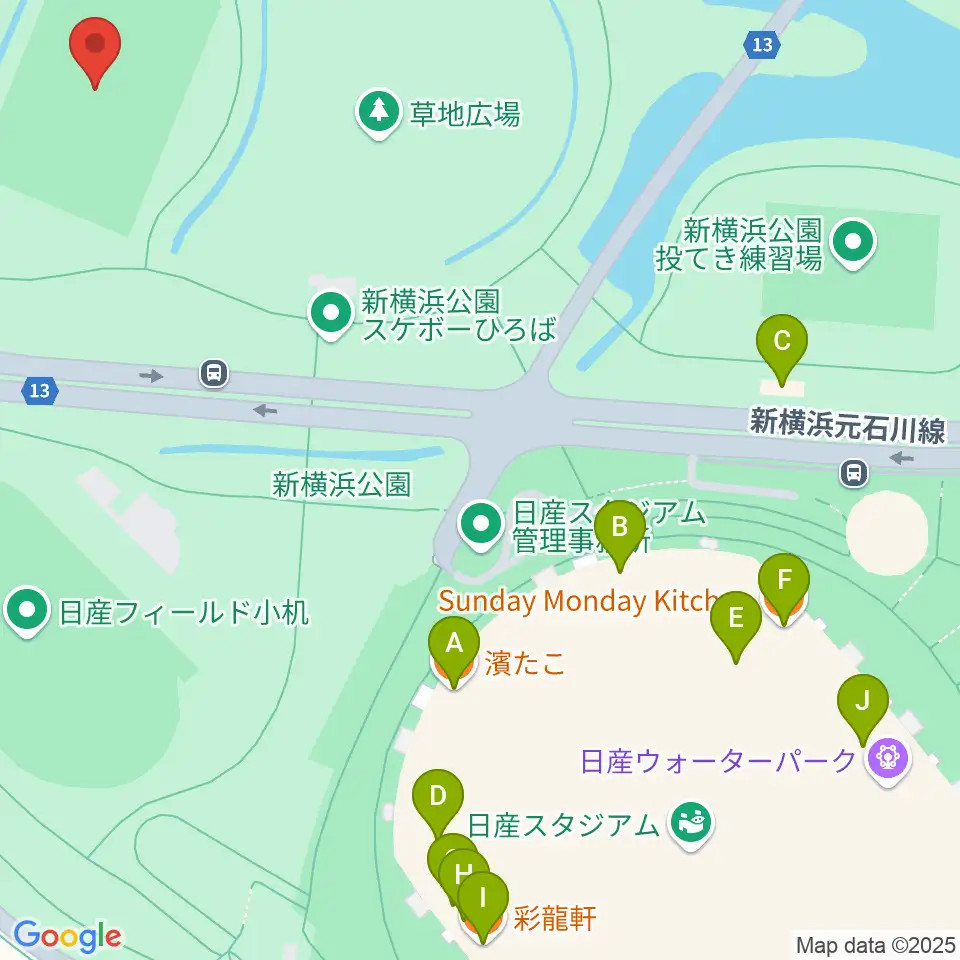 新横浜公園球技場周辺のファミレス・ファーストフード一覧地図