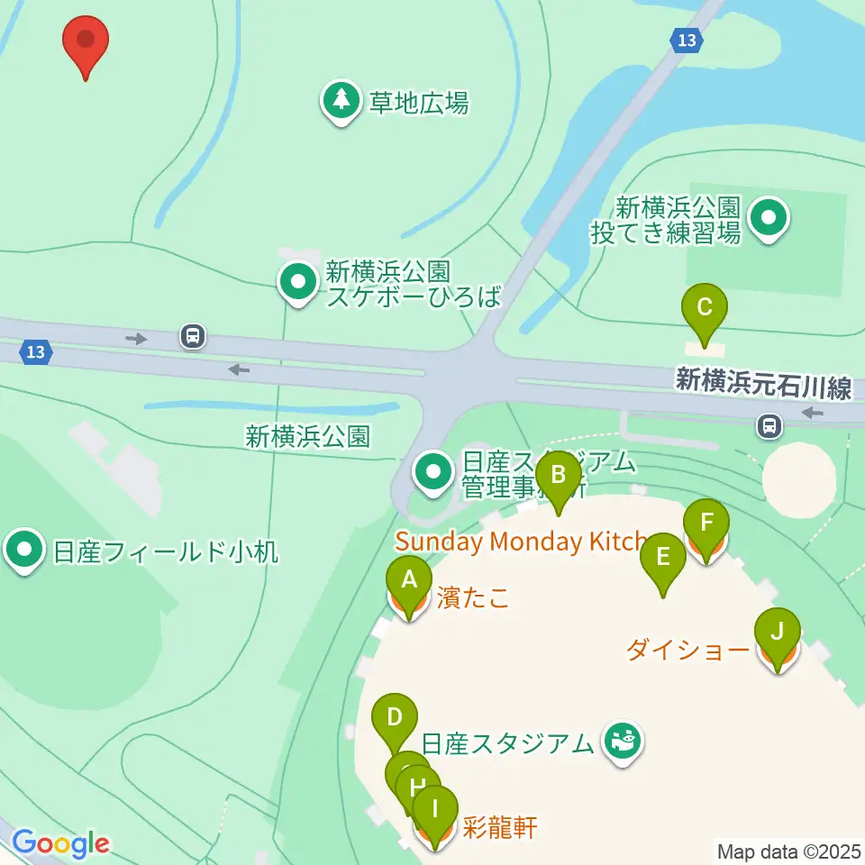 新横浜公園球技場周辺のファミレス・ファーストフード一覧地図