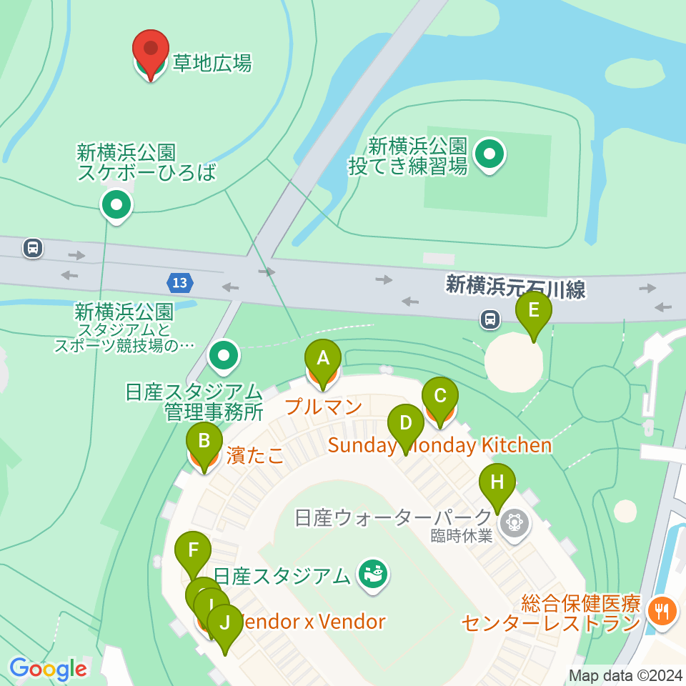 新横浜公園草地広場周辺のファミレス・ファーストフード一覧地図