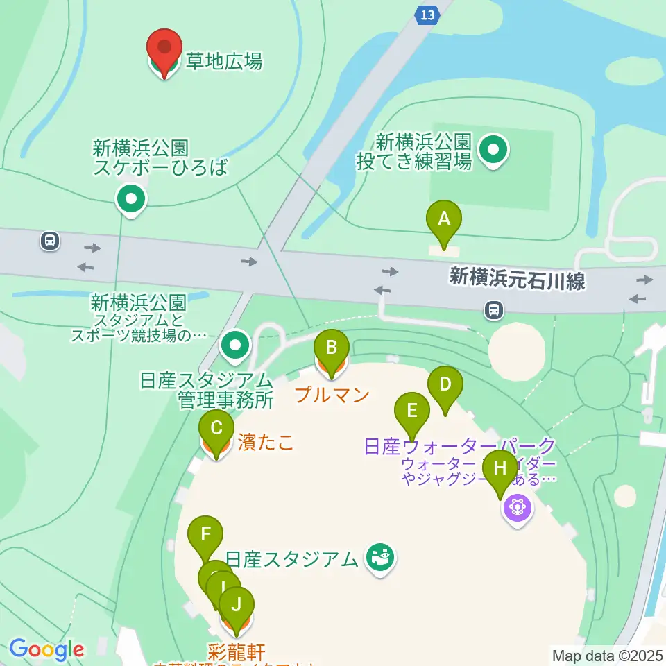 新横浜公園草地広場周辺のファミレス・ファーストフード一覧地図