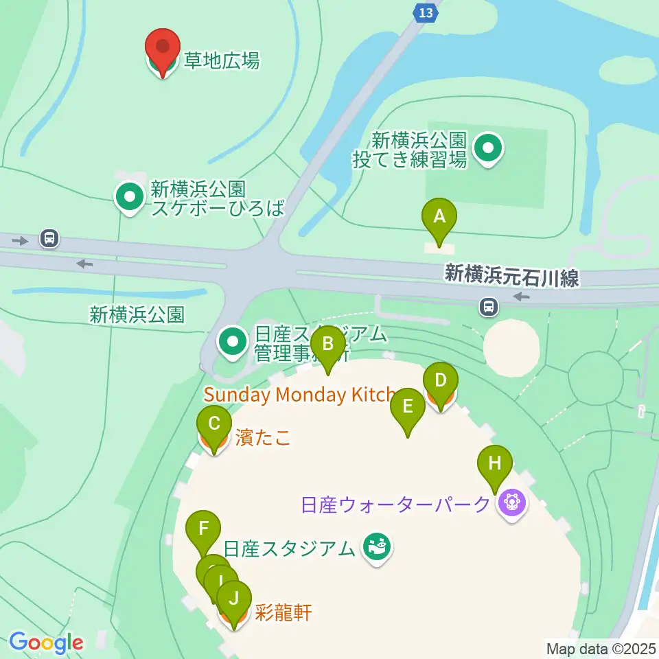 新横浜公園草地広場周辺のファミレス・ファーストフード一覧地図