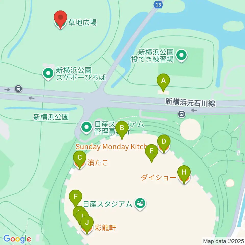 新横浜公園草地広場周辺のファミレス・ファーストフード一覧地図