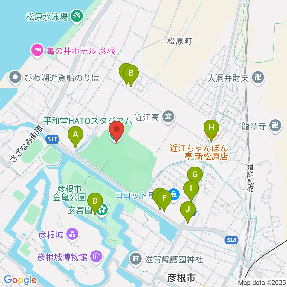 平和堂HATOスタジアム周辺のファミレス・ファーストフード一覧地図