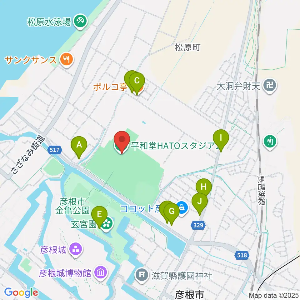 平和堂HATOスタジアム周辺のファミレス・ファーストフード一覧地図