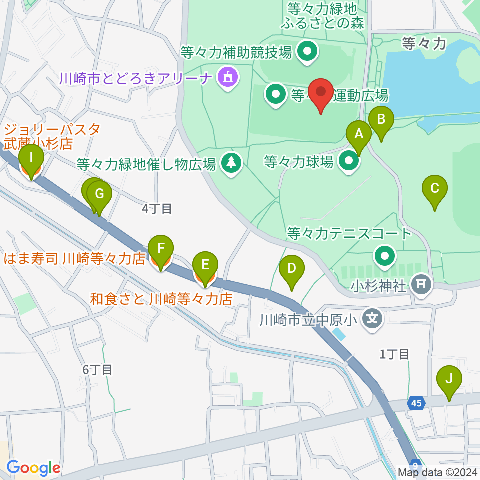 等々力緑地中央グラウンド周辺のファミレス・ファーストフード一覧地図