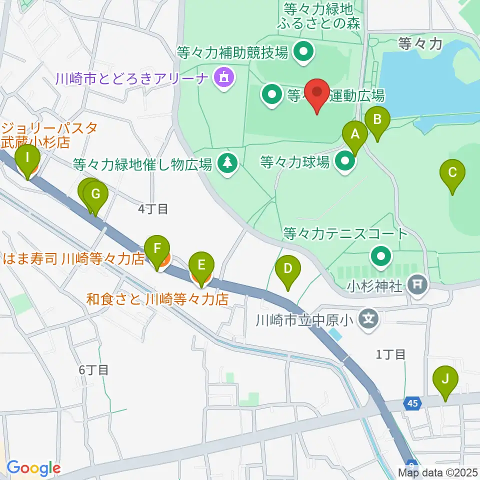 等々力緑地中央グラウンド周辺のファミレス・ファーストフード一覧地図