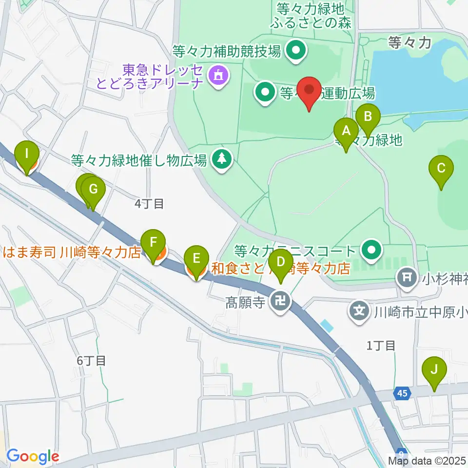 等々力緑地中央グラウンド周辺のファミレス・ファーストフード一覧地図
