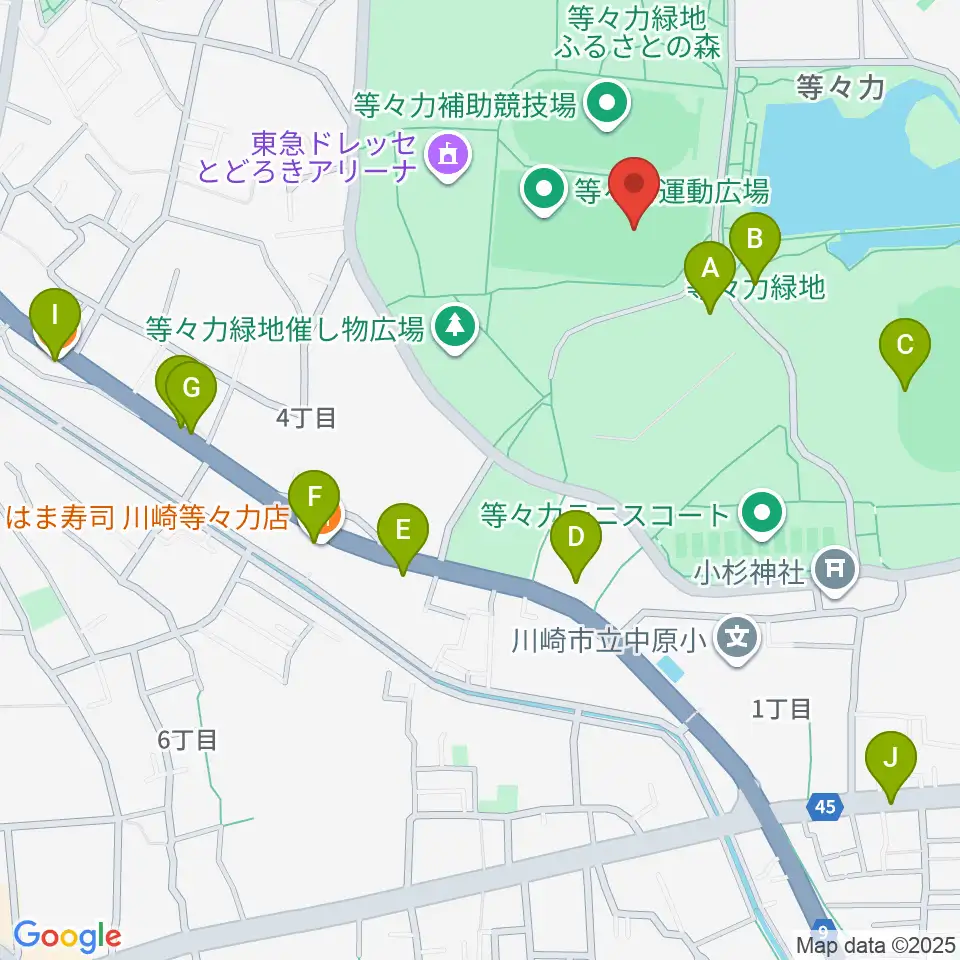 等々力緑地中央グラウンド周辺のファミレス・ファーストフード一覧地図