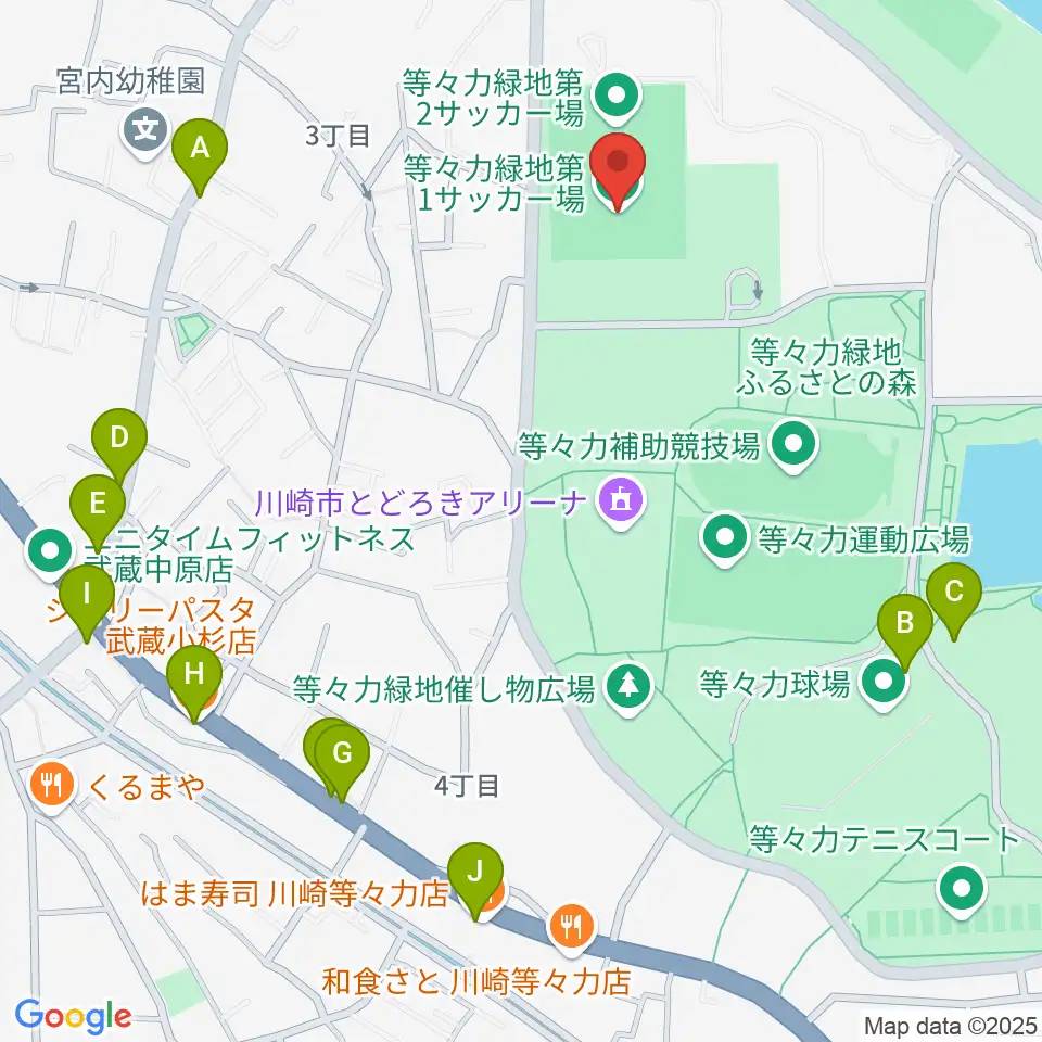 等々力第1・第2サッカー場周辺のファミレス・ファーストフード一覧地図