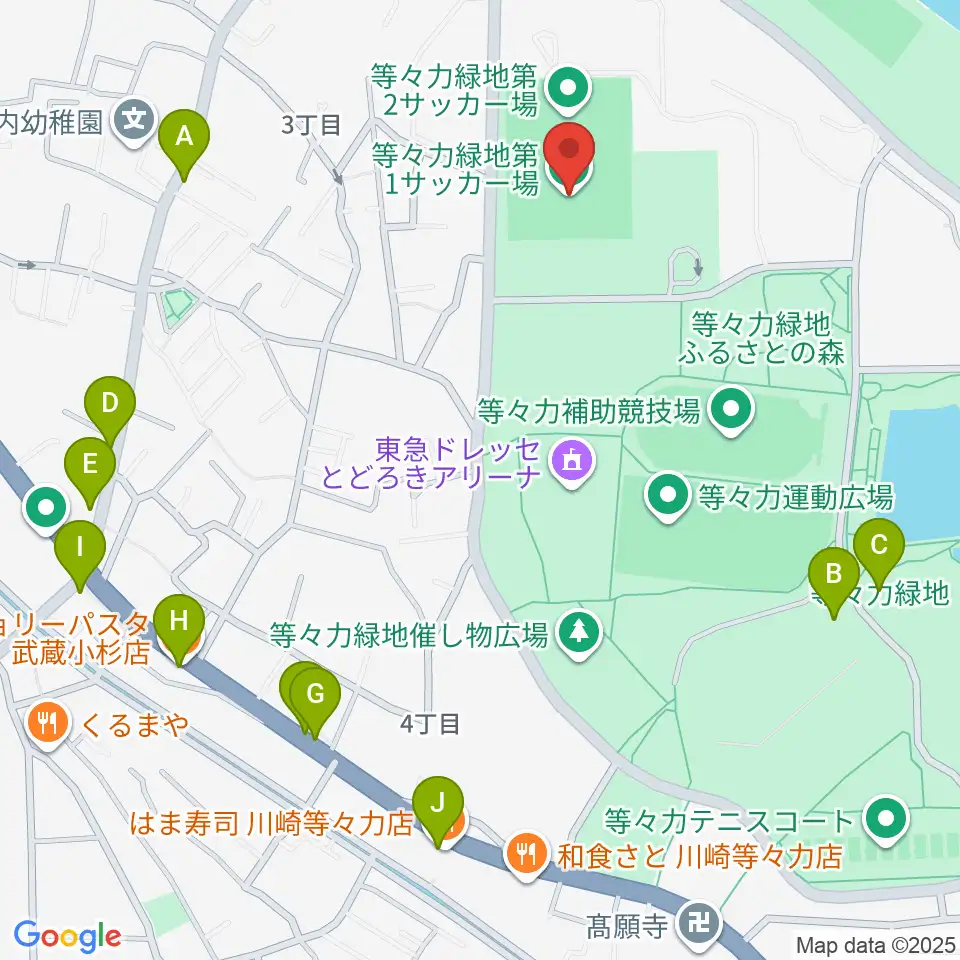 等々力第1・第2サッカー場周辺のファミレス・ファーストフード一覧地図