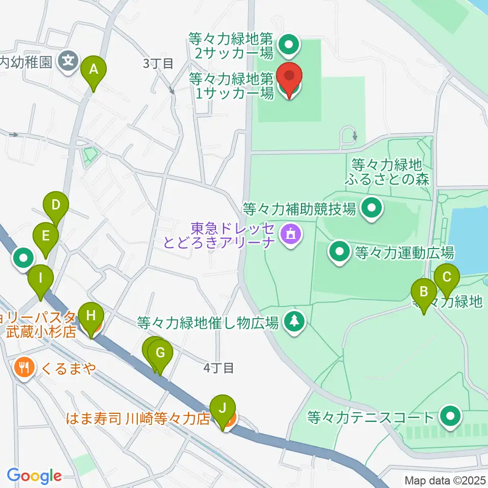 等々力第1・第2サッカー場周辺のファミレス・ファーストフード一覧地図