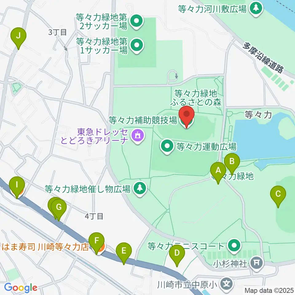 等々力補助陸上競技場周辺のファミレス・ファーストフード一覧地図