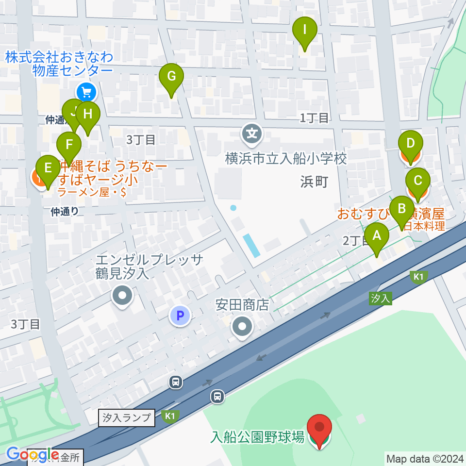 入船公園野球場周辺のファミレス・ファーストフード一覧地図