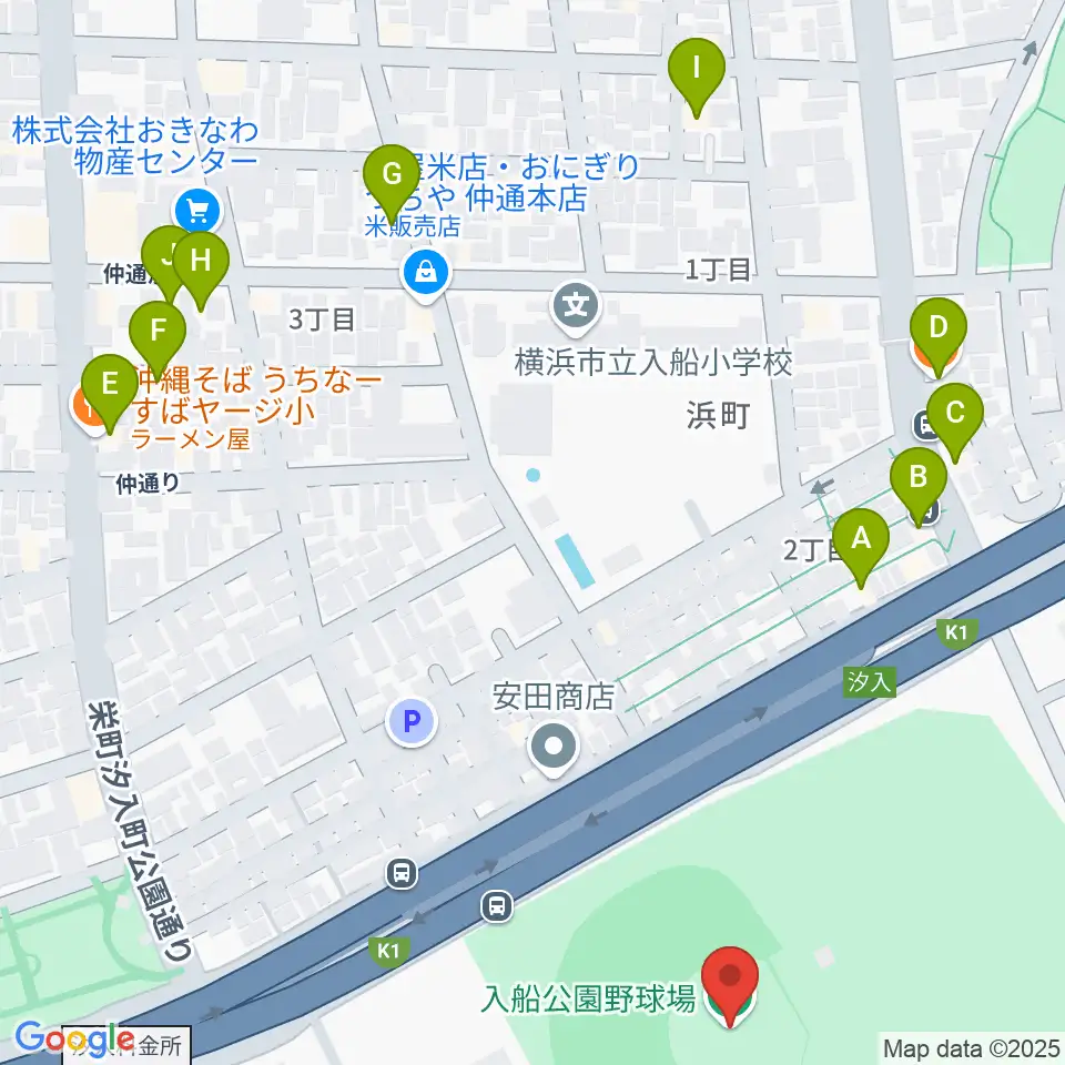 入船公園野球場周辺のファミレス・ファーストフード一覧地図