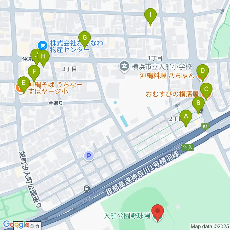 入船公園野球場周辺のファミレス・ファーストフード一覧地図
