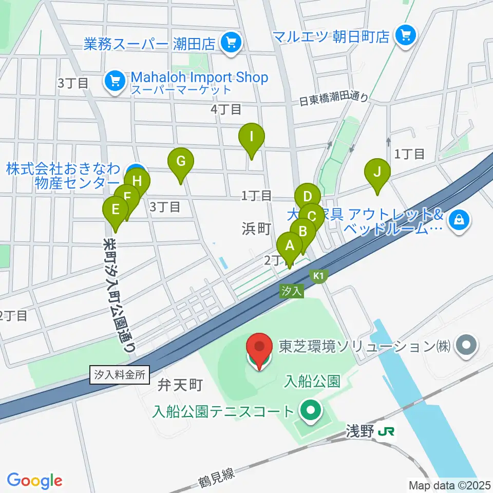 入船公園野球場周辺のファミレス・ファーストフード一覧地図