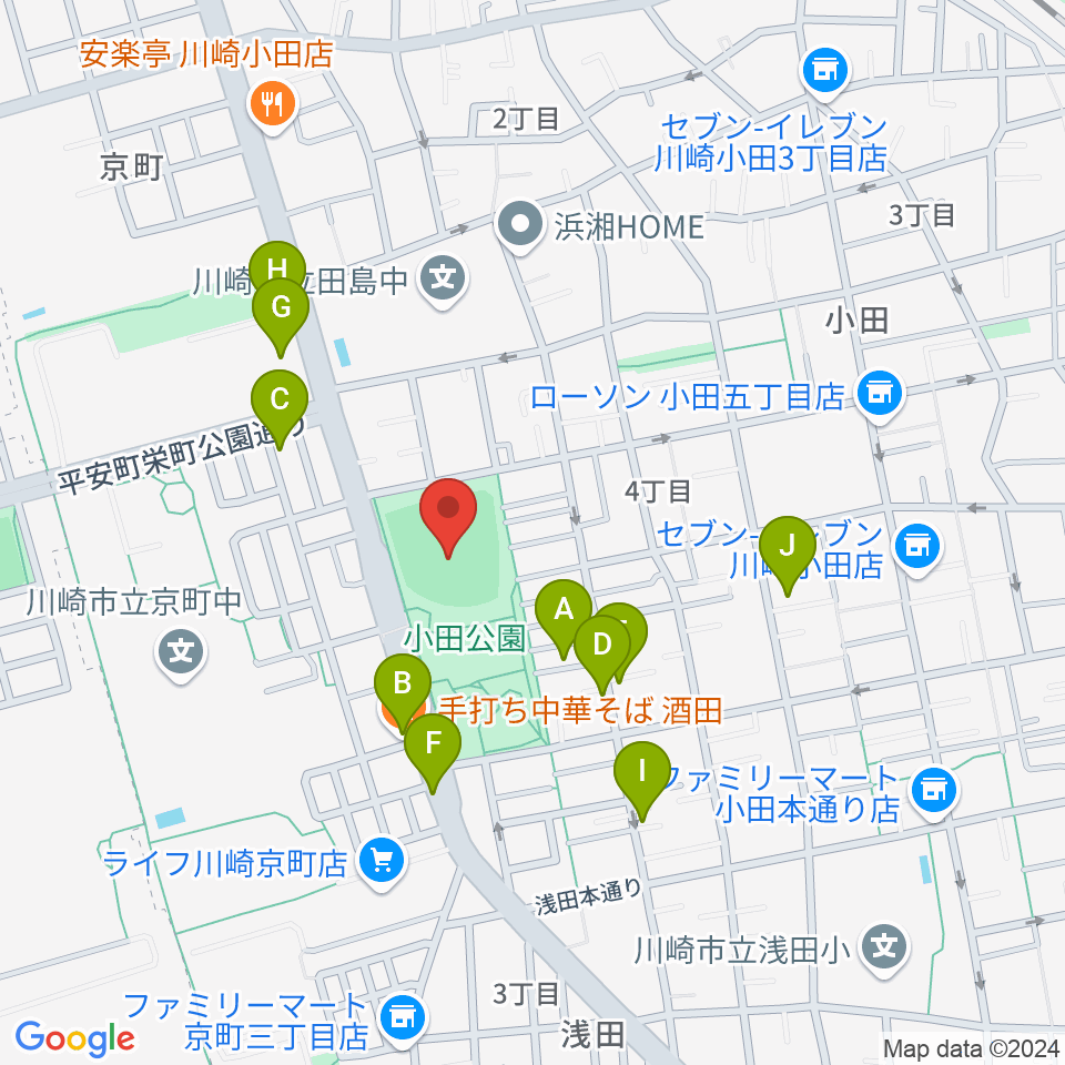 小田球場周辺のファミレス・ファーストフード一覧地図