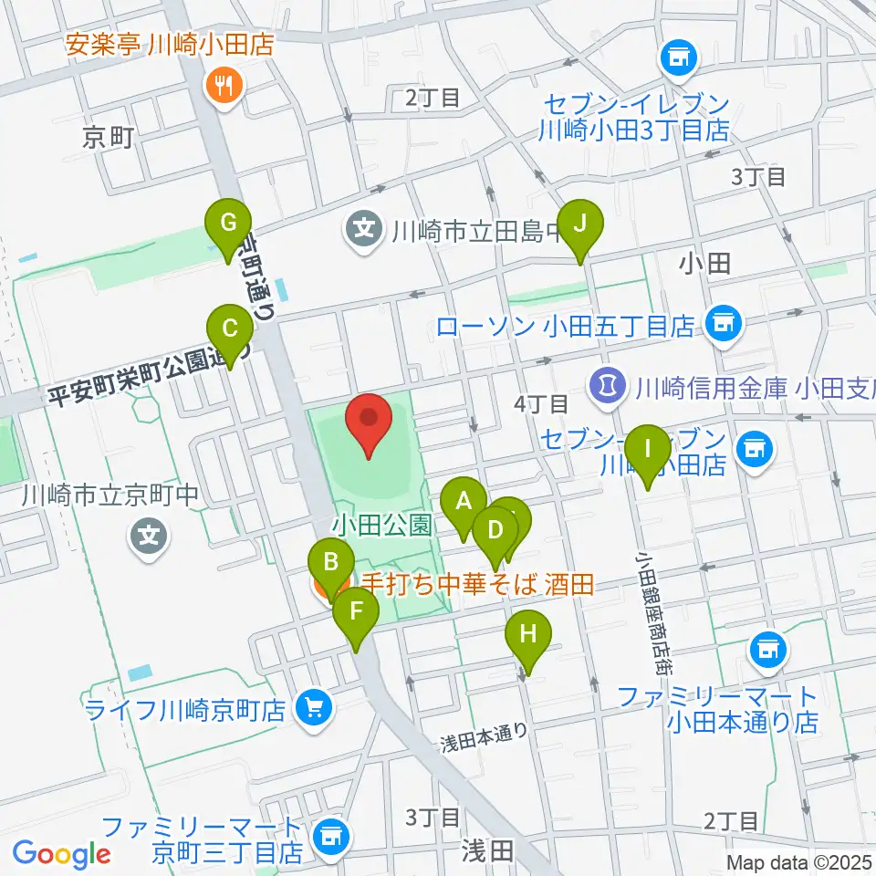 小田球場周辺のファミレス・ファーストフード一覧地図