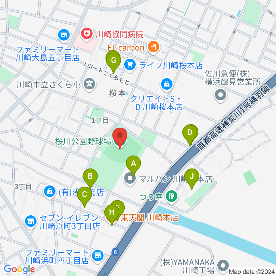 桜川公園野球場周辺のファミレス・ファーストフード一覧地図