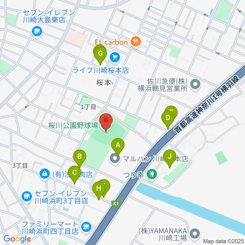 桜川公園野球場周辺のファミレス・ファーストフード一覧地図