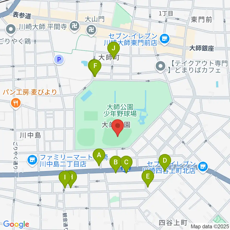 大師球場周辺のファミレス・ファーストフード一覧地図
