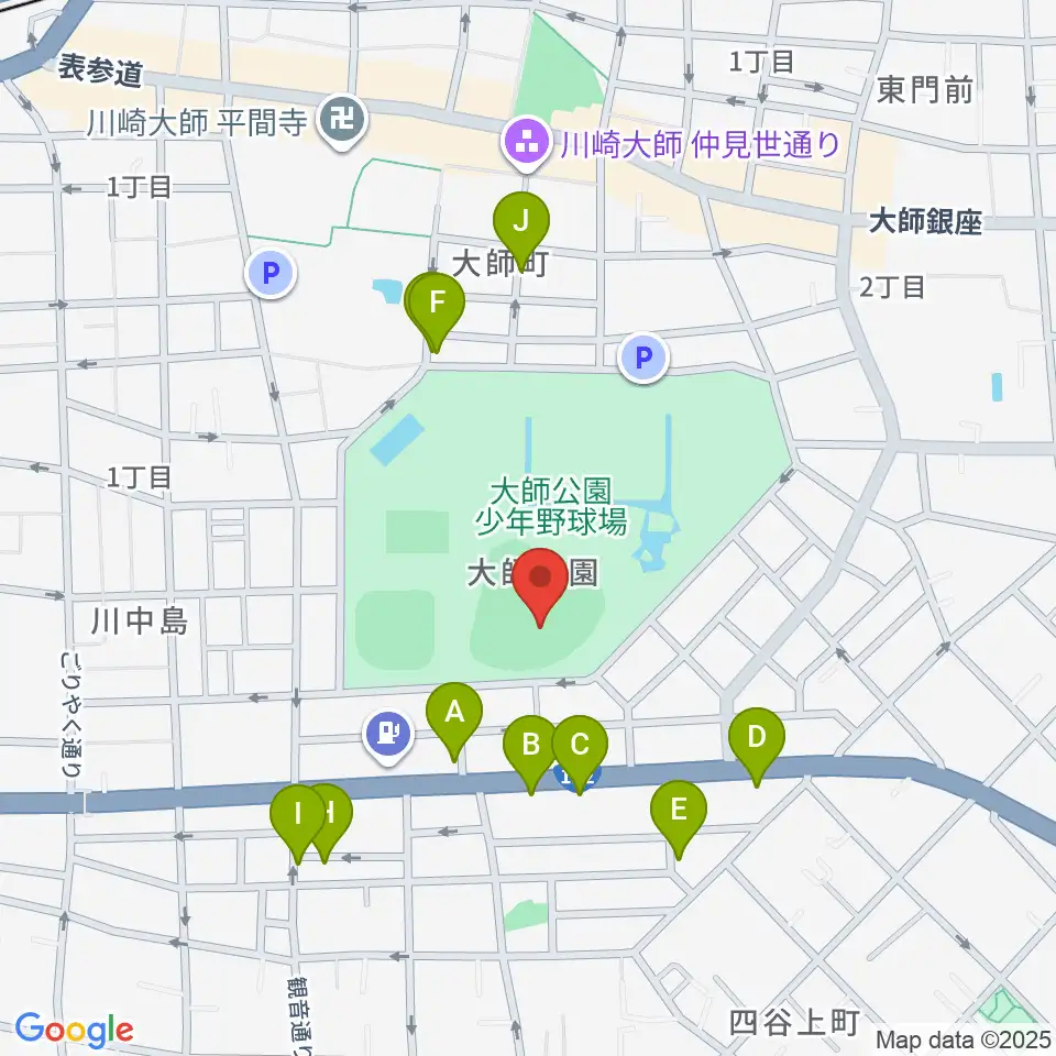 大師球場周辺のファミレス・ファーストフード一覧地図