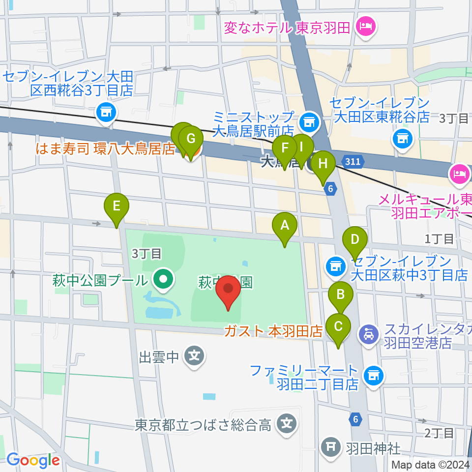 萩中公園野球場周辺のファミレス・ファーストフード一覧地図