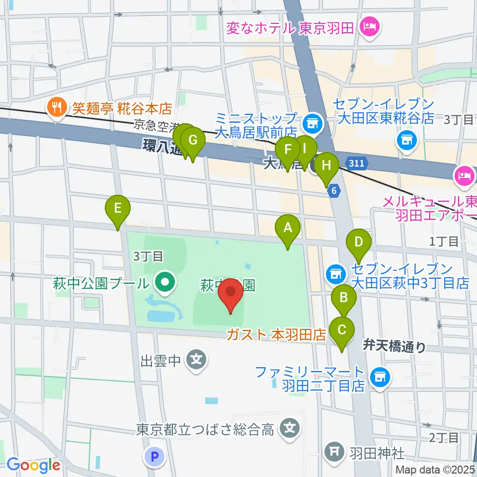 萩中公園野球場周辺のファミレス・ファーストフード一覧地図