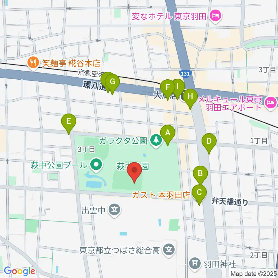萩中公園野球場周辺のファミレス・ファーストフード一覧地図