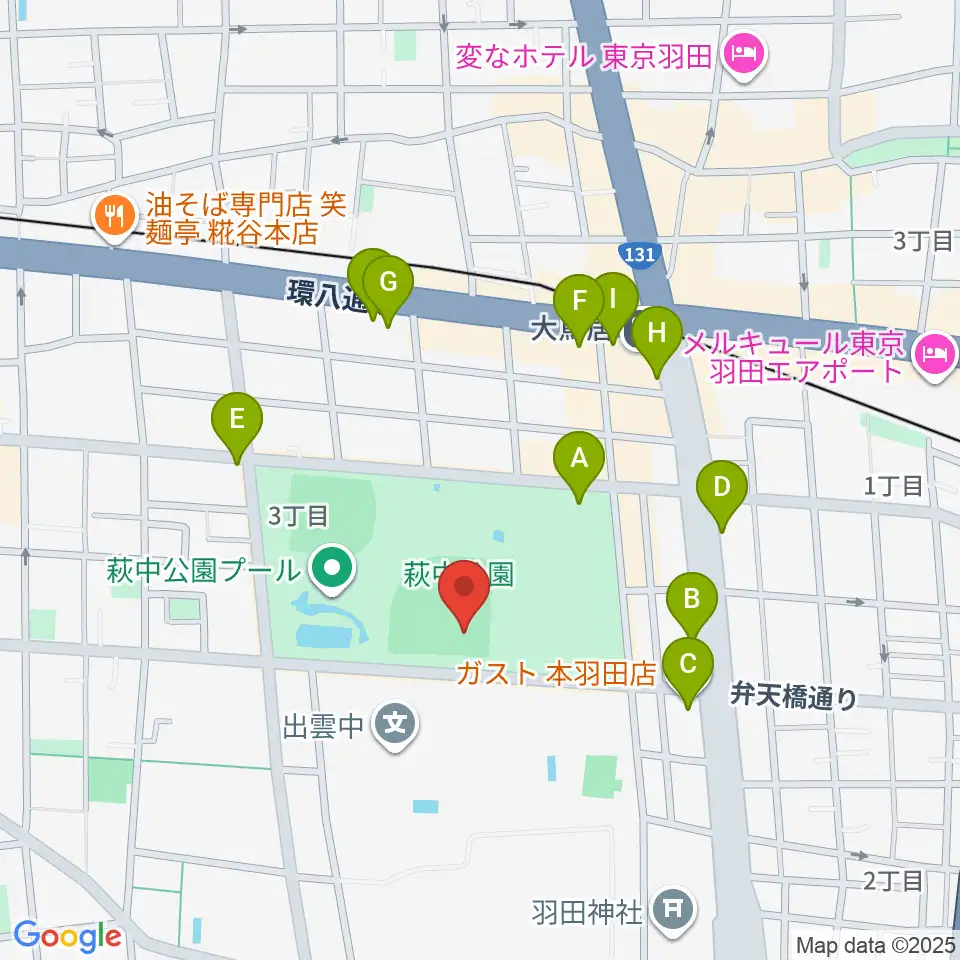 萩中公園野球場周辺のファミレス・ファーストフード一覧地図