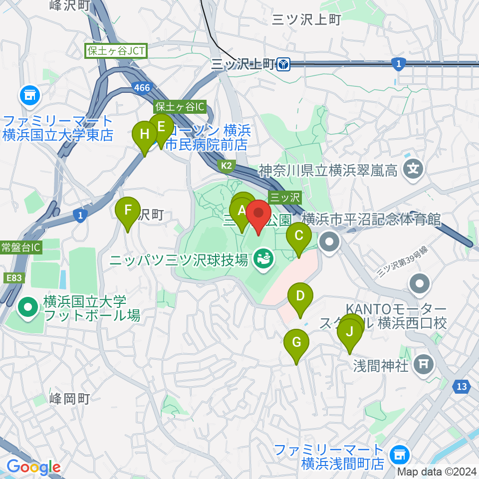 三ツ沢公園補助陸上競技場周辺のファミレス・ファーストフード一覧地図