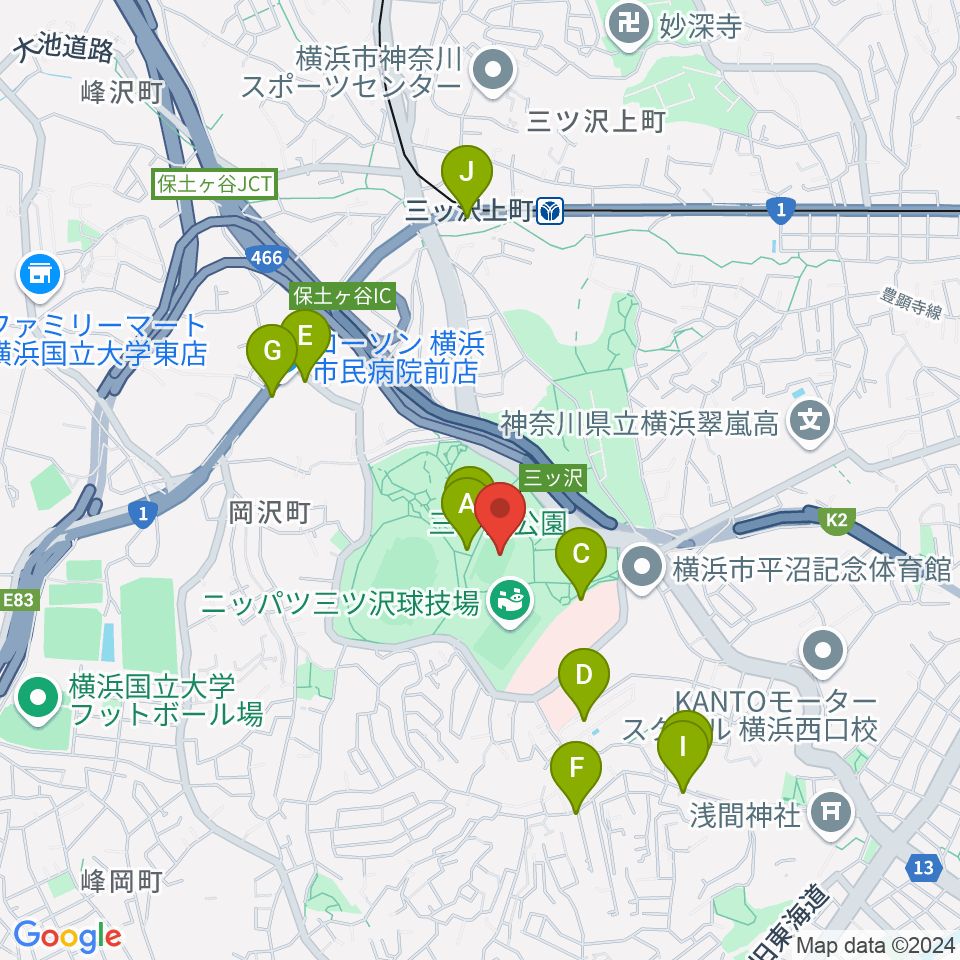 三ツ沢公園補助陸上競技場周辺のファミレス・ファーストフード一覧地図