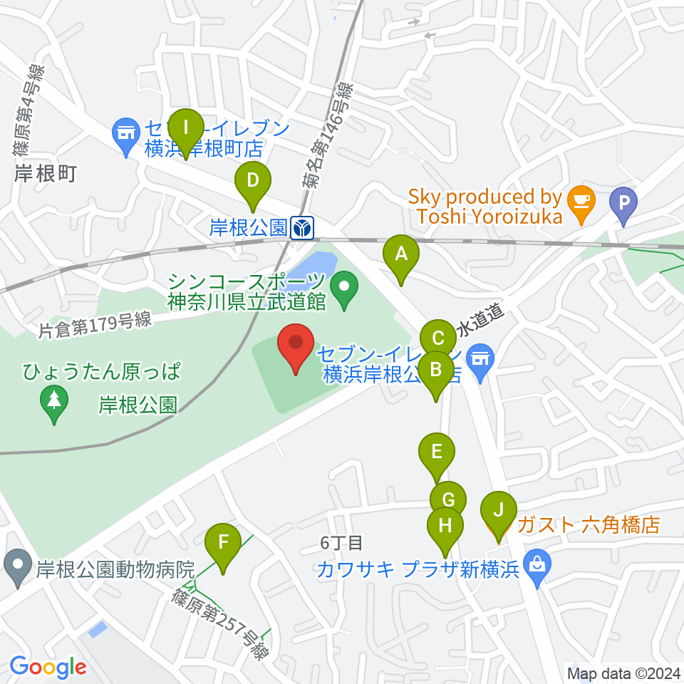 岸根公園野球場周辺のファミレス・ファーストフード一覧地図