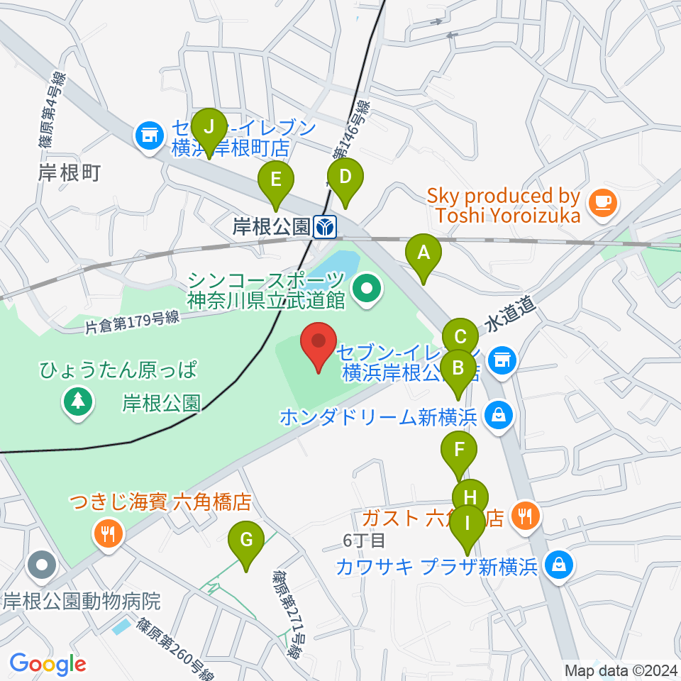 岸根公園野球場周辺のファミレス・ファーストフード一覧地図