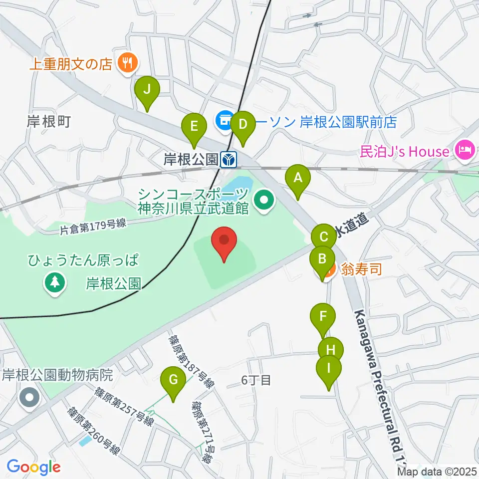 岸根公園野球場周辺のファミレス・ファーストフード一覧地図
