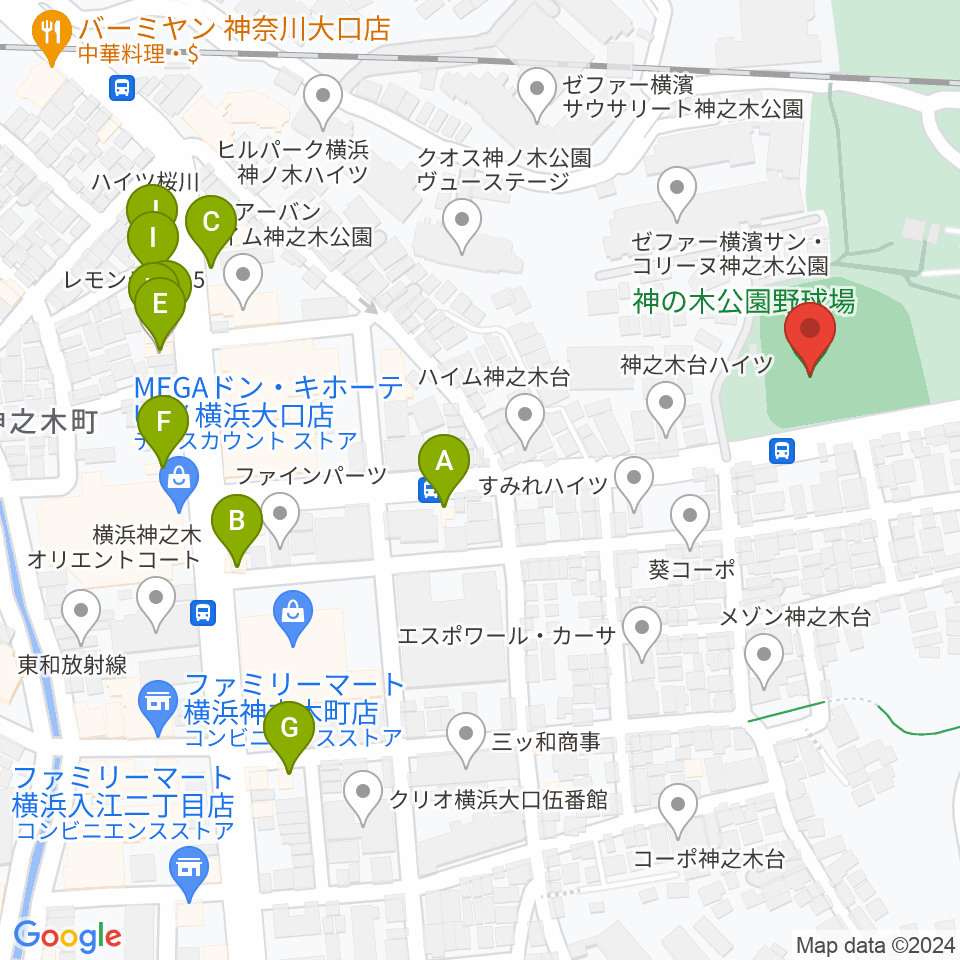 神の木公園野球場 周辺のファミレス・ファーストフード一覧地図