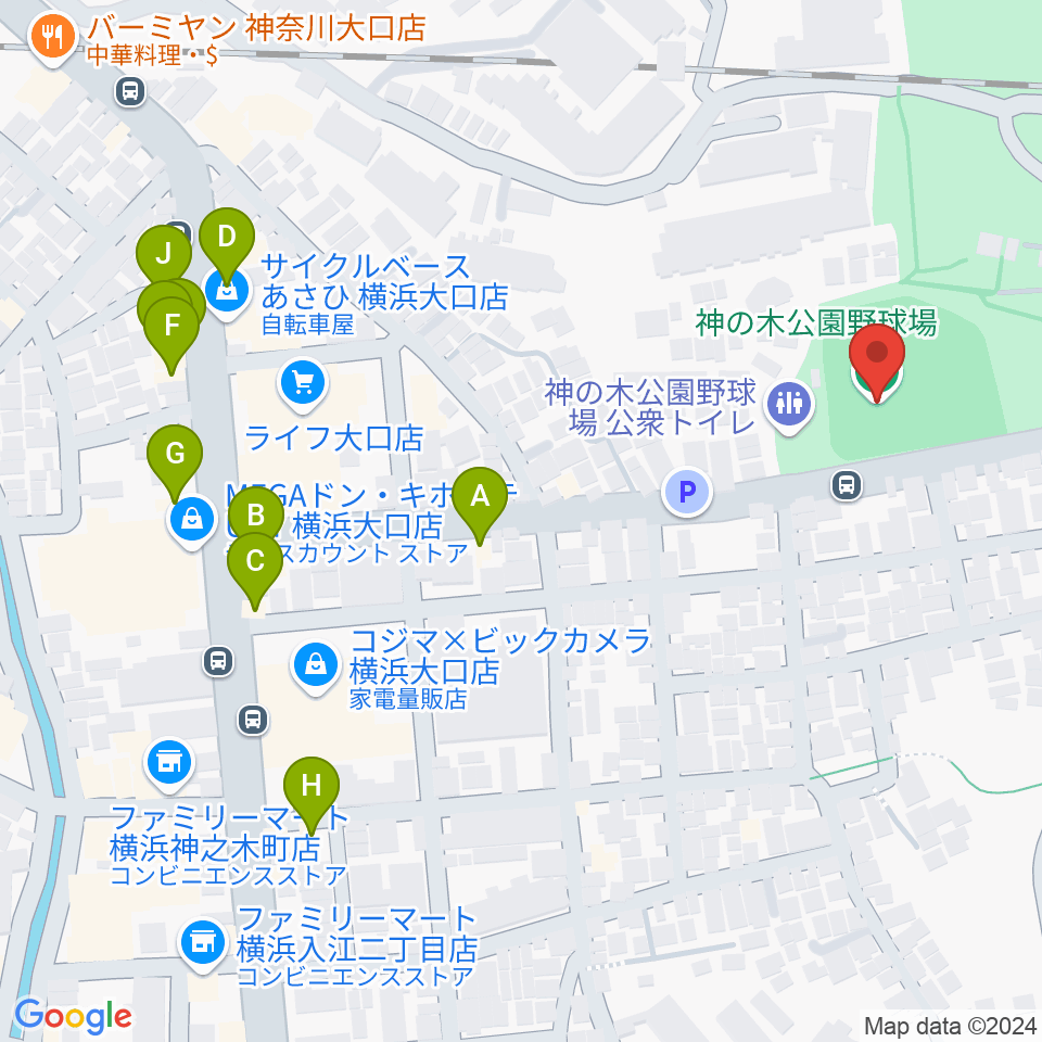 神の木公園野球場 周辺のファミレス・ファーストフード一覧地図