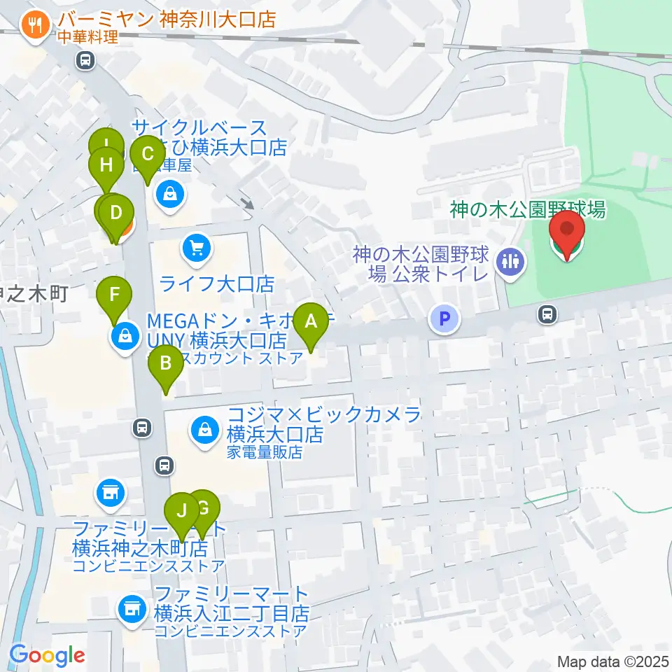 神の木公園野球場 周辺のファミレス・ファーストフード一覧地図