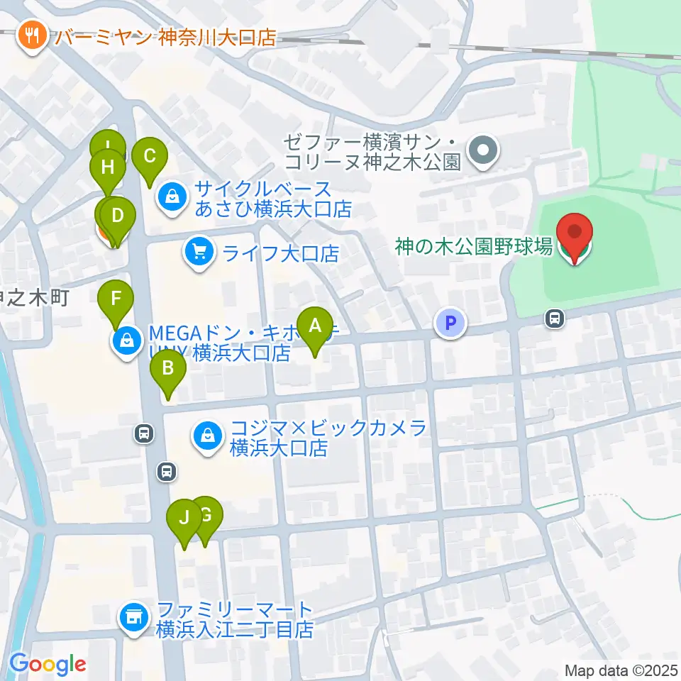 神の木公園野球場 周辺のファミレス・ファーストフード一覧地図