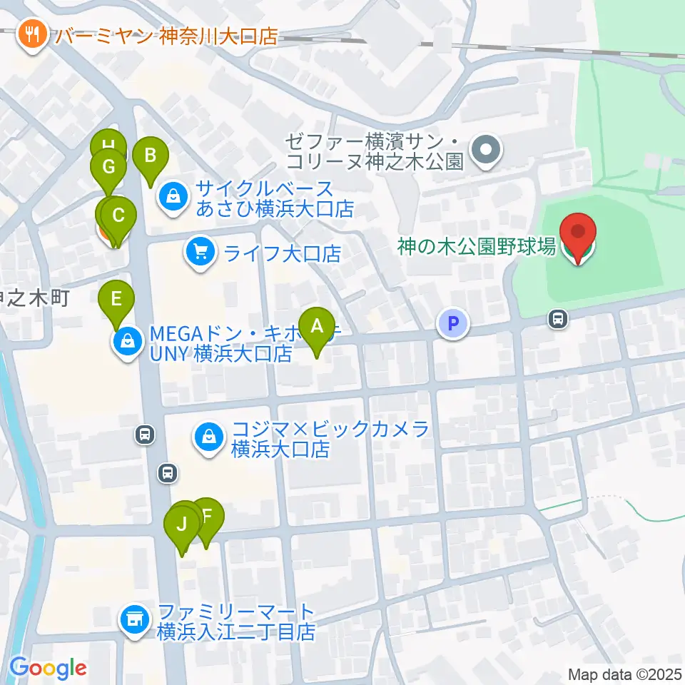神の木公園野球場 周辺のファミレス・ファーストフード一覧地図