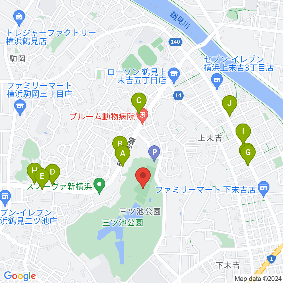 三ツ池公園軟式野球場周辺のファミレス・ファーストフード一覧地図