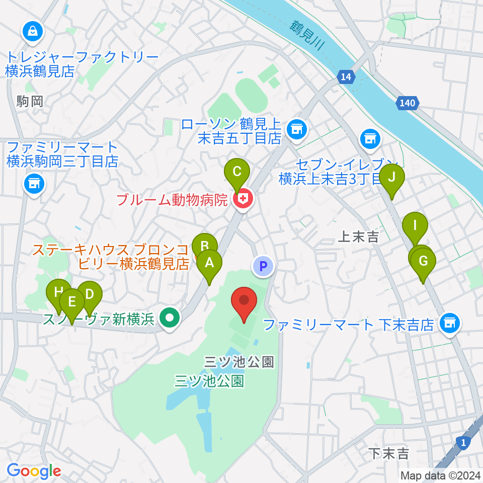 三ツ池公園軟式野球場周辺のファミレス・ファーストフード一覧地図