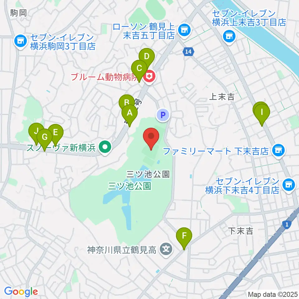 三ツ池公園軟式野球場周辺のファミレス・ファーストフード一覧地図