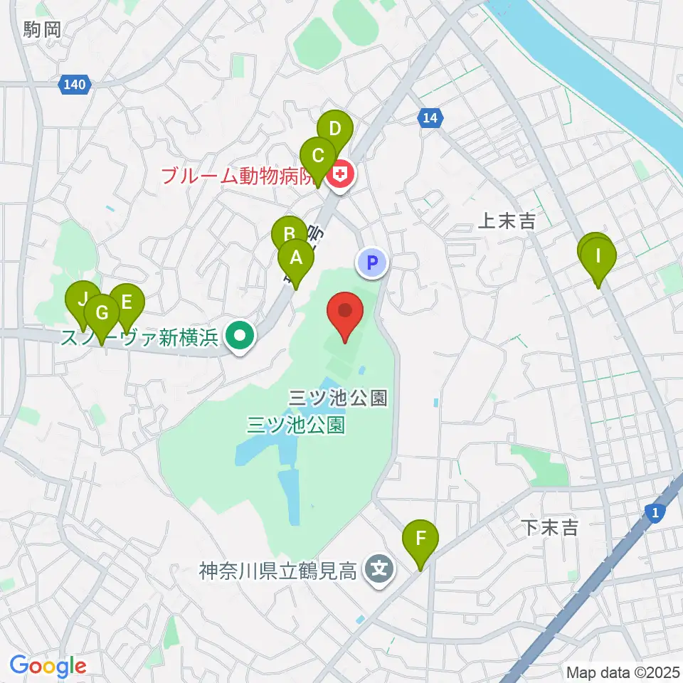 三ツ池公園軟式野球場周辺のファミレス・ファーストフード一覧地図