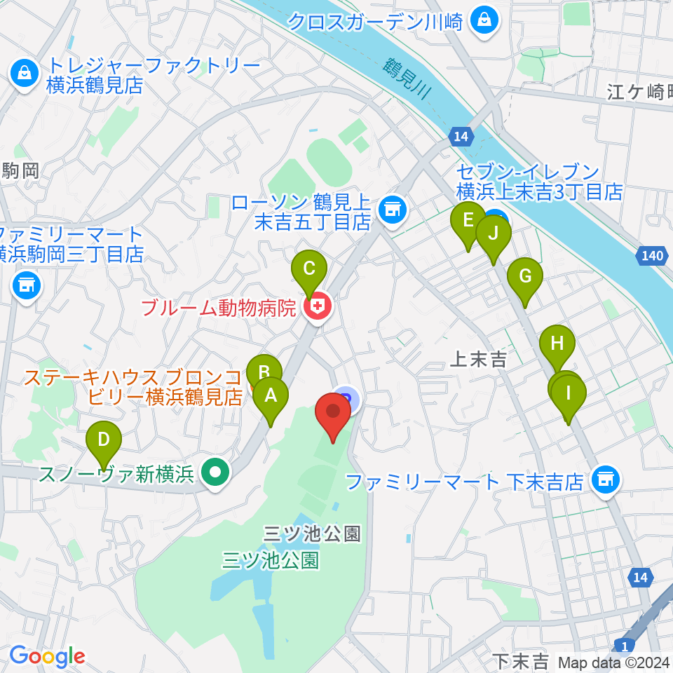 三ツ池公園多目的広場周辺のファミレス・ファーストフード一覧地図