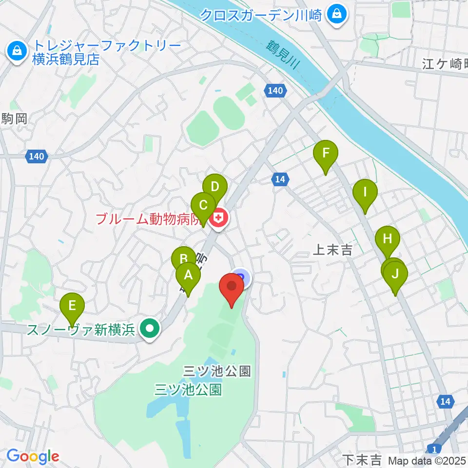 三ツ池公園多目的広場周辺のファミレス・ファーストフード一覧地図